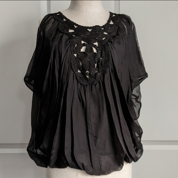 Leon Max Blouse 100% Silk Sleeveless Embroidered Sheer Overlay Lined Black L NWT - Picture 2 of 15